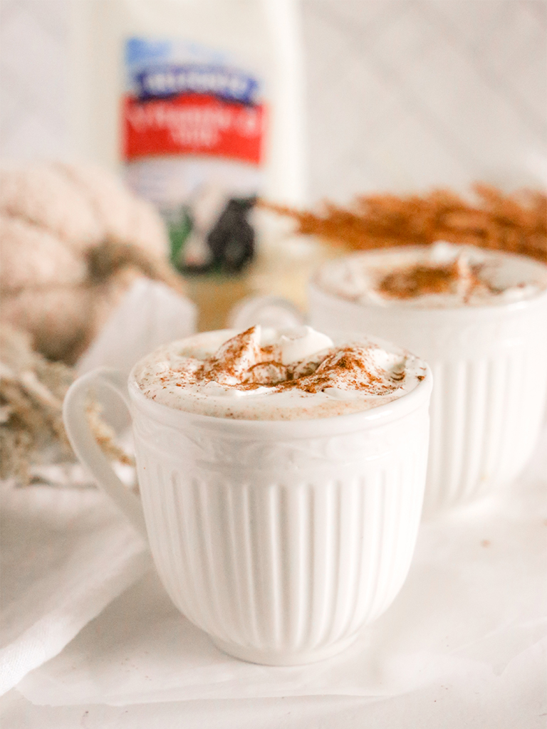 A cup of pumpkin white hot chocolate topped with whipped cream and cinnamon, with a bottle of Belfonte milk blurred in the background.