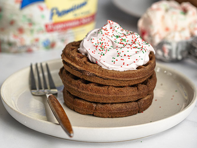 Chocolate Waffles with Peppermint Stick Whipped Cream