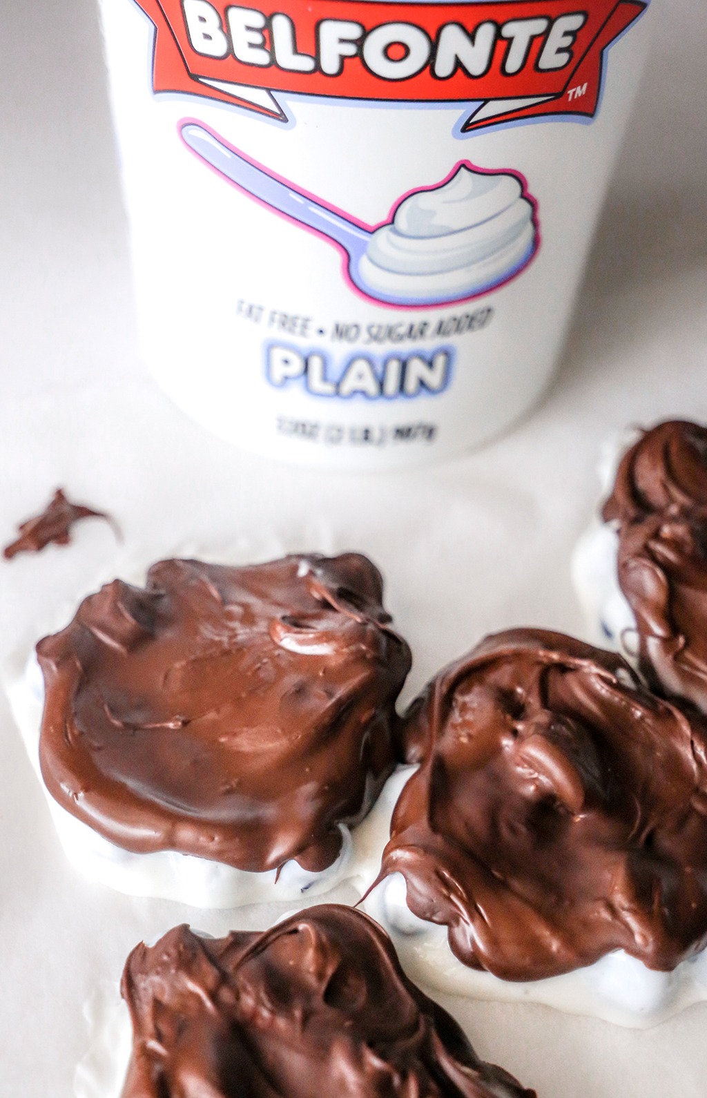 Blueberry Chocolate Yogurt Bites in front of a container of Belfonte Plain Yogurt.